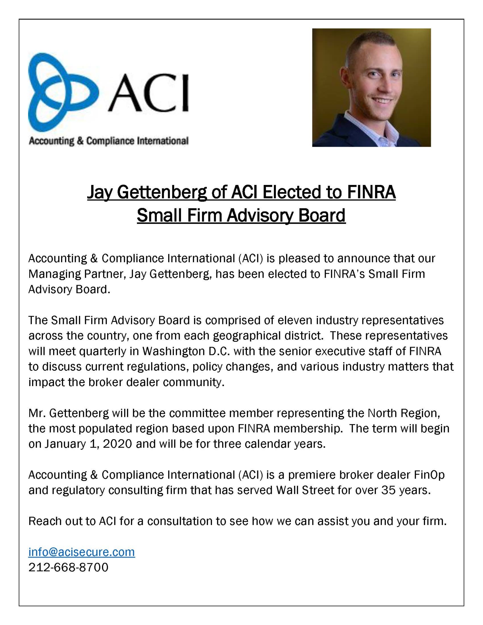 Jay Gettenberg of ACI Elected to FINRA Small Firm Advisory Board — ACI